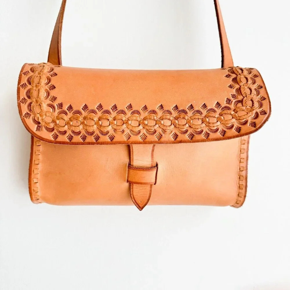 Vintage Natural Leather Rectengular Shoulde Crossbody Bag